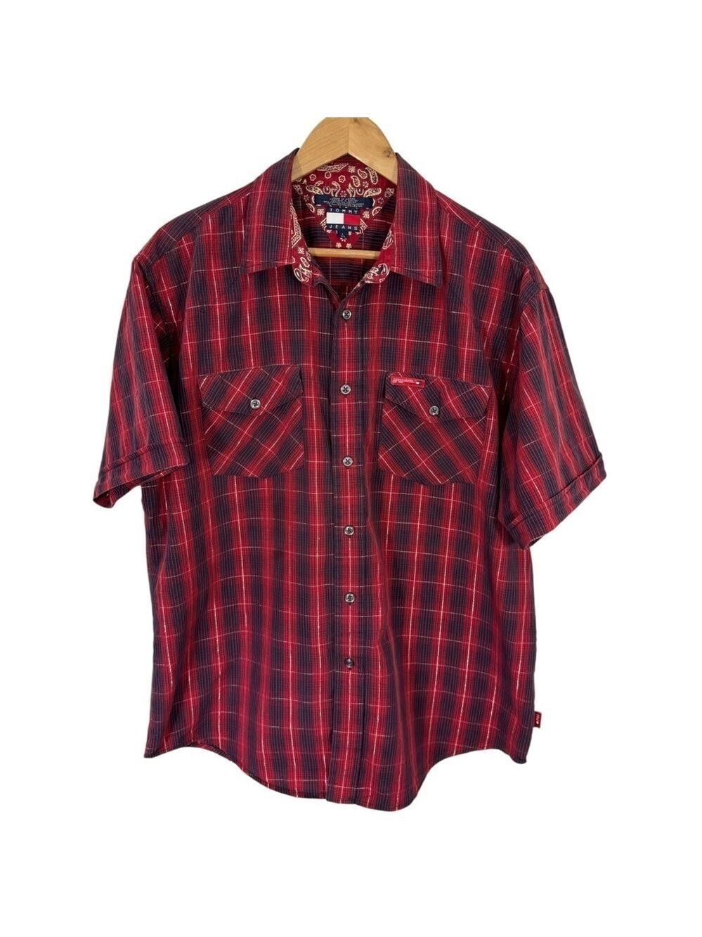 Vintage 2001 Y2K Tommy Hilfiger Plaid Shirt Mens L Red Button Down Short Sleeve